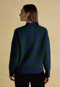 Tume roheline ja lahtine sinine villane kampsun, mis on kaetud argyle mustriga, pikad varrukad, ribatud krae ja äär, pehme tekstuur, mugav lõike.