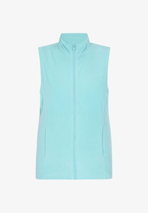 Gilet in pile blu chiaro con collo alto, chiusura frontale con zip e tasche laterali. Texture liscia, design senza maniche e senza modelli visibili.