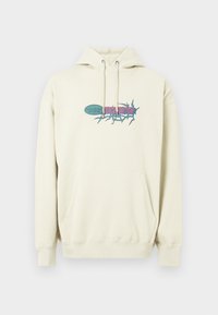 Crème hoodie van katoen, met een voorzak in kangoeroestijl, een capuchon met trekkoord en een kleurrijk grafisch logo met tekst op de borst.