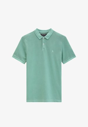 Hellgrünes, kurzärmeliges Poloshirt mit Zwei-Knopf-Leiste, Kragen und kleinem "M OP"-Logo auf der linken Brust.