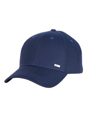 Casquette de baseball bleu marine avec une visière courbée et un design à panneaux cousus, avec un petit logo métallique rectangulaire sur le côté avant droit.