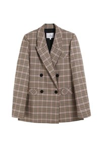 Blazer de doble botonadura con un patrón de cuadros en marrón, negro y beige, con solapas de muesca, botones negros y bolsillos con solapa sobre un fondo blanco.