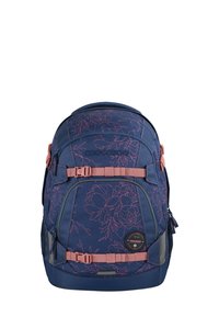 Navy blue backpack with pink floral outlines, two adjustable pink straps, multiple zippered compartments, and a "Good Vibes Only" patch.