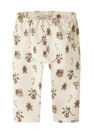 Knielange leggings in crèmekleurige katoen met een feestelijke print van peperkoekmannetjes, zuurstokken en kerstcadeaus in gedempte kleuren. Rekbare tailleband.