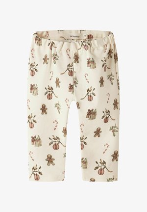 Legginsy do kolan w kremowej bawełnie z świątecznym wzorem przedstawiającym pierniki, lizaki i prezenty w stonowanych kolorach. Elastyczny pas.