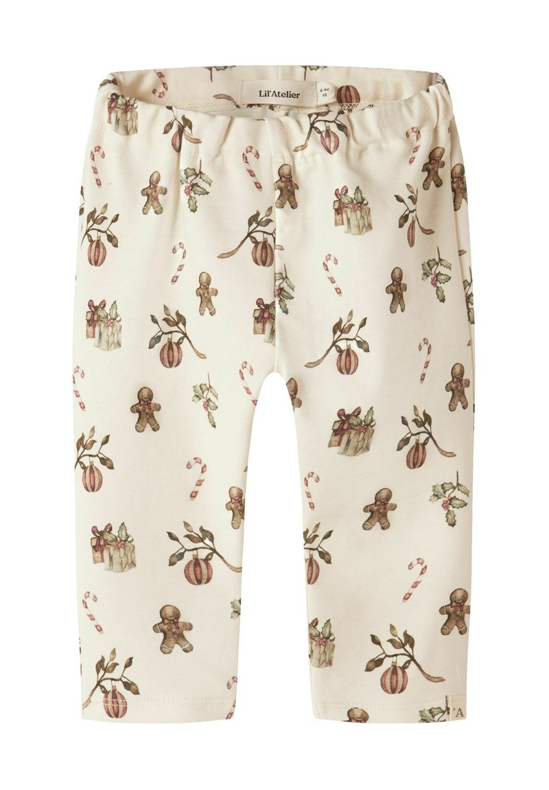 Legginsy do kolan w kremowej bawełnie z świątecznym wzorem przedstawiającym pierniki, lizaki i prezenty w stonowanych kolorach. Elastyczny pas.