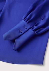 Blusa blu a maniche lunghe, tessuto morbido, dettagli plissettati ai polsini, due bottoni rotondi, texture liscia e orlo curvo.