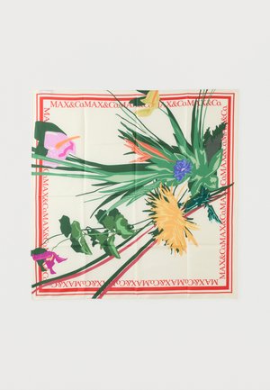 Square scarf with green, yellow, purple, and orange floral designs and red "MAX&Co." text border on cream background.