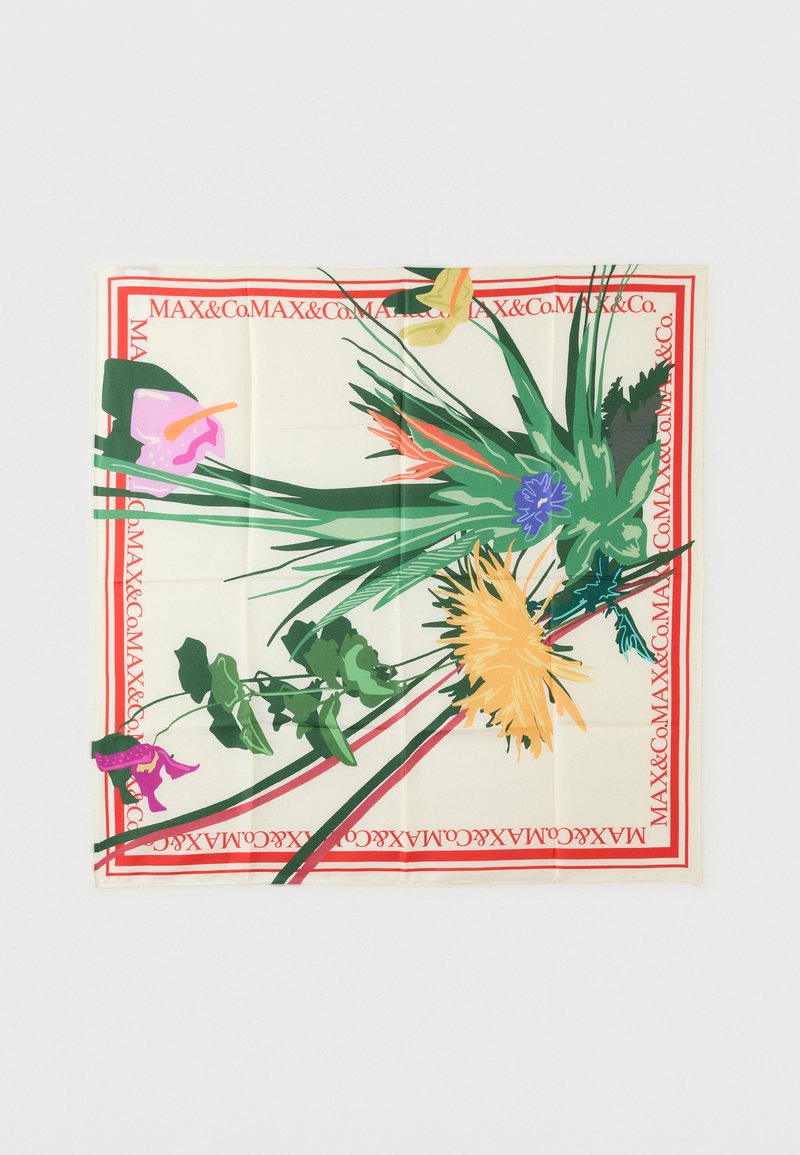 Τετράγωνο μαντήλι με λουλουδένια σχέδια σε πράσινο, κίτρινο, μοβ και πορτοκαλί και κόκκινο περίγραμμα με κείμενο "MAX&Co." σε κρεμ φόντο.