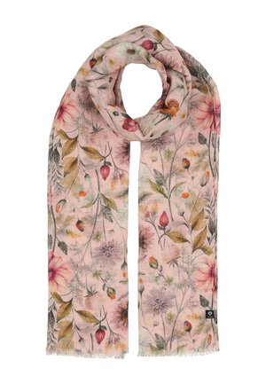 Hellrosa Schal mit floralem Muster, das verschiedene Blumen und grüne Blätter zeigt, mit einem kleinen schwarzen Markentag an einem Ende.