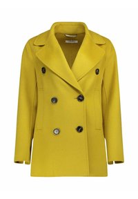 Cappotto giallo senape in lana doppiopetto con ampi rever e bottoni neri, dotato di due tasche frontali e maniche lunghe.