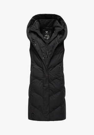 Schwarze ärmellose Steppweste mit hohem Kragen, Reißverschluss und schrägem Steppmuster. Angenehme Textur, mit minimalem Logo am Saum.