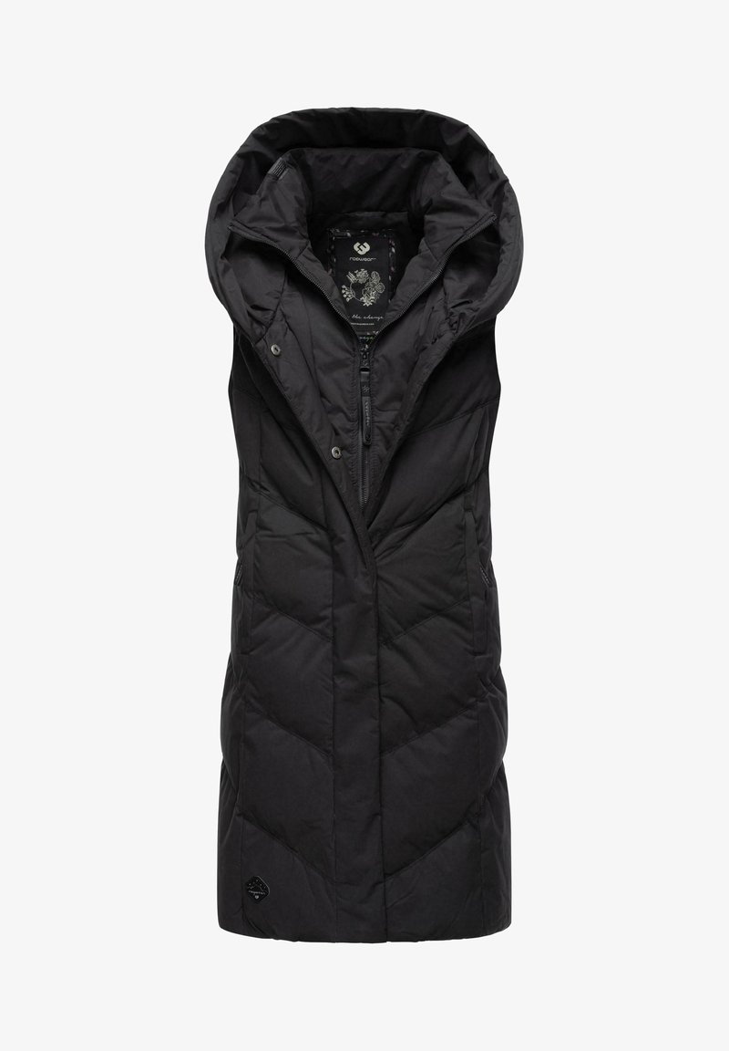 Schwarze ärmellose Steppweste mit hohem Kragen, Reißverschluss und schrägem Steppmuster. Angenehme Textur, mit minimalem Logo am Saum.