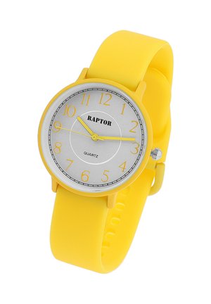 Gelbe Silikon-Uhr mit einem runden silbernen Zifferblatt, schwarzen Stundenmarkierungen und Logo. Verfügt über ein schlichtes, elegantes Design und ein glattes, flexibles Armband.