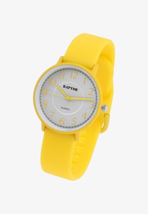 Yellow silicone watch with a round silver dial, black hour markers, and logo. Features a simple, sleek design and a smooth, flexible strap.