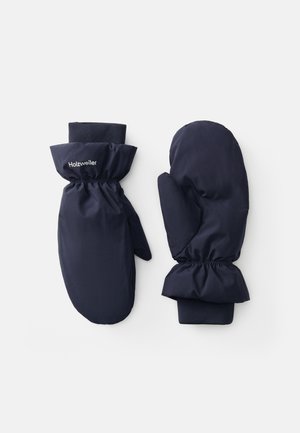 Navy blue mittens made of water-resistant fabric with elastic cuffs; features a gathered design at the wrist and a logo on one mitten.