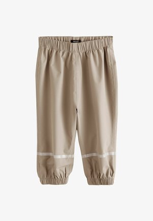 Smėlio spalvos vandeniui atsparios kelnės su elastingu liemeniu ir atspindinčiomis juostelėmis prie elastingų rankogalių.