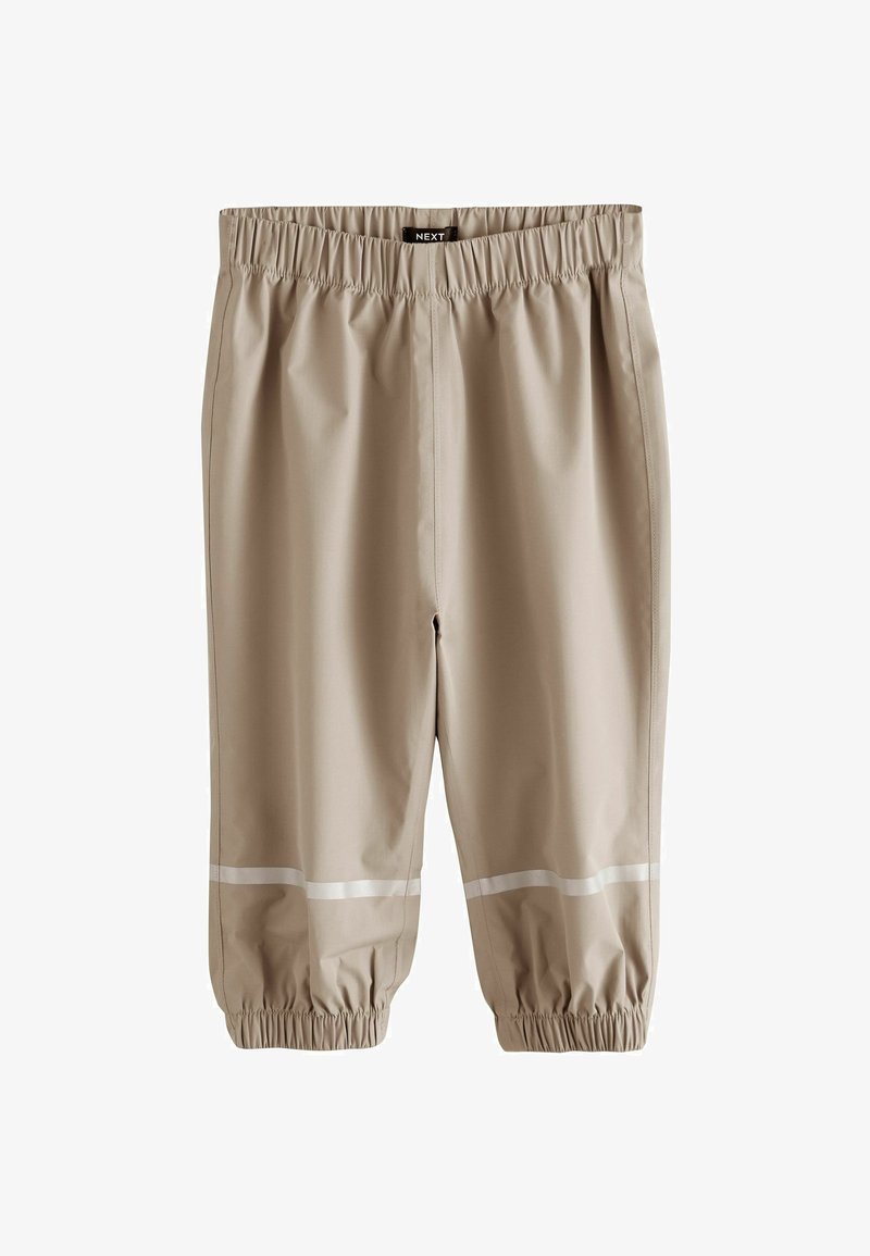Pantaloni impermeabili beige con vita elastica e strisce riflettenti vicino ai polsini elasticizzati.