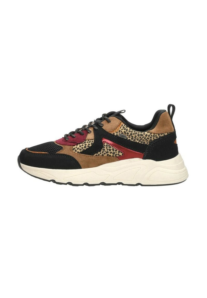 Black, brown, and red sneaker with mesh and leopard print accents, featuring a chunky white sole and textured materials. Rubber outsole.