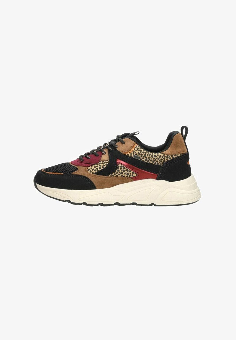 Black, brown, and red sneaker with mesh and leopard print accents, featuring a chunky white sole and textured materials. Rubber outsole.