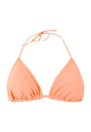 Driehoekige bikinibovenstuk in perzikkleur met verstelbare bandjes voor in de nek en op de rug, met subtiele geplooide details langs de onderste randen.