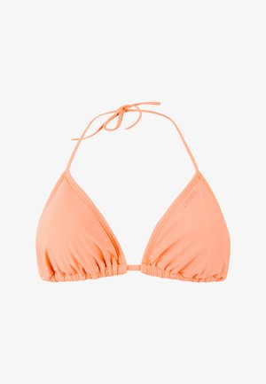 Driehoekige bikinibovenstuk in perzikkleur met verstelbare bandjes voor in de nek en op de rug, met subtiele geplooide details langs de onderste randen.
