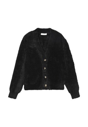 Cardigan noir et duveteux avec un col en V, des manches longues et cinq boutons décoratifs à l'avant. Texture douce et coupe courte.