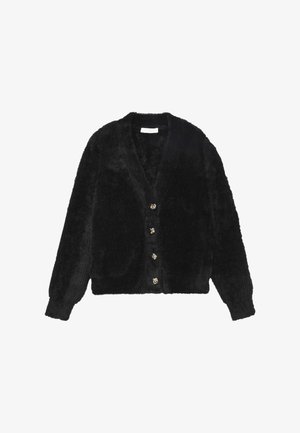 Cardigan noir et duveteux avec un col en V, des manches longues et cinq boutons décoratifs à l'avant. Texture douce et coupe courte.