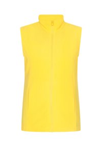 Gelbe ärmellose Fleece-Weste mit hohem Kragen und Frontreißverschluss; verfügt über zwei Seitentaschen und eine glatte, weiche Textur.