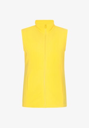Sárga ujjatlan fleece mellény magas gallérral és elülső cipzárral; két oldalsó zsebet és sima, puha textúrát tartalmaz.