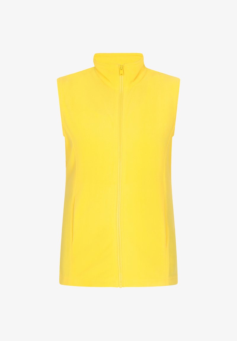 Gelbe ärmellose Fleece-Weste mit hohem Kragen und Frontreißverschluss; verfügt über zwei Seitentaschen und eine glatte, weiche Textur.