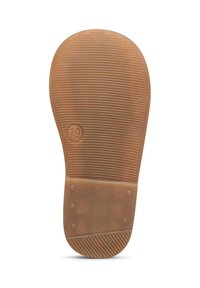 Semelle de chaussure en caoutchouc, marron clair avec des ridges texturés, motif circulaire, et un "19" imprimé près du talon. Présente des bords lisses et des détails de grip.