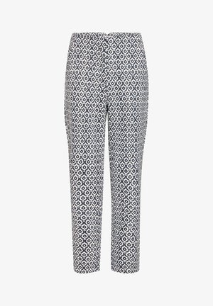 Hlače s vzorcem iz lahkotnega materiala, z geometrijskim modrim in belim dizajnom, oprijetim krojem in gladkim, neopremljenim pasom.