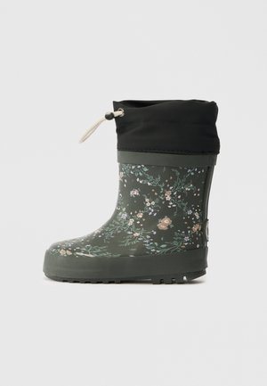 Groene bloemenregenlaars met een zwarte, verzamelde bovenkant. Heeft een gladde, glanzende afwerking, een gestructureerde zool en een decoratieve koord.