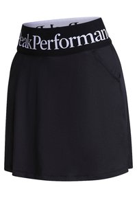Falda atlética negra con una cinturilla alta que presenta el logo blanco de "Peak Performance". Tejido suave con un diseño corto en capas y bolsillo lateral.