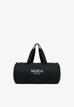 Borsone cilindrico nero con doppie maniglie e logo "MIRA PARIS" stampato in bianco al centro frontale.