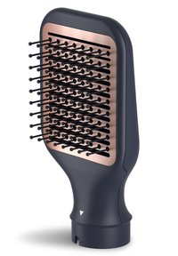 Brosse à cheveux avec un poignée en plastique bleu marine et une base aérée en or rose, dotée de longues poils noirs disposés en rangées pour démêler.