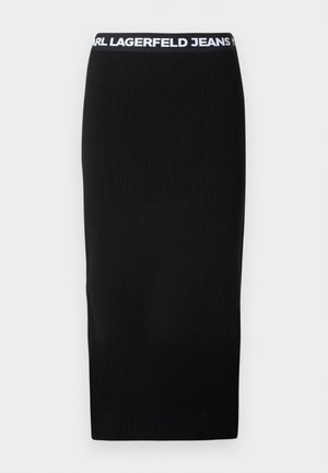 Sort ribbet midi-nederdel med en hvid brændt elastisk talje. Stoffet har en glat struktur og et tætsiddende design.