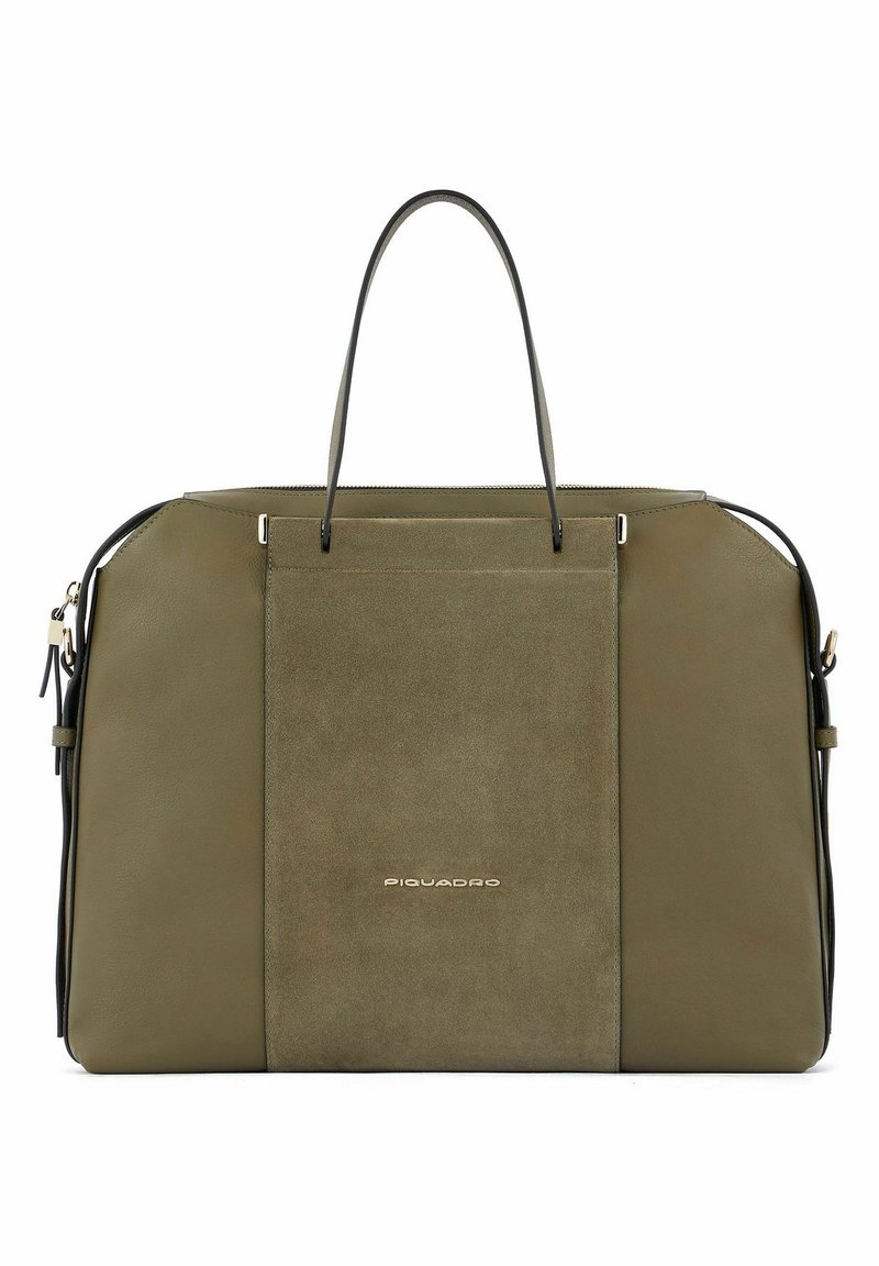 Borsa verde oliva con una combinazione di pelle liscia e dettagli in suede. Presenta manici doppi e un logo frontale. Forma rettangolare. Chiusura con zip.