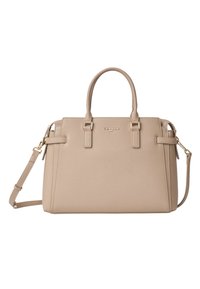 Borsa strutturata beige con doppi manici superiori e una tracolla rimovibile. Presenta dettagli in metallo dorato e logo impresso sul davanti.