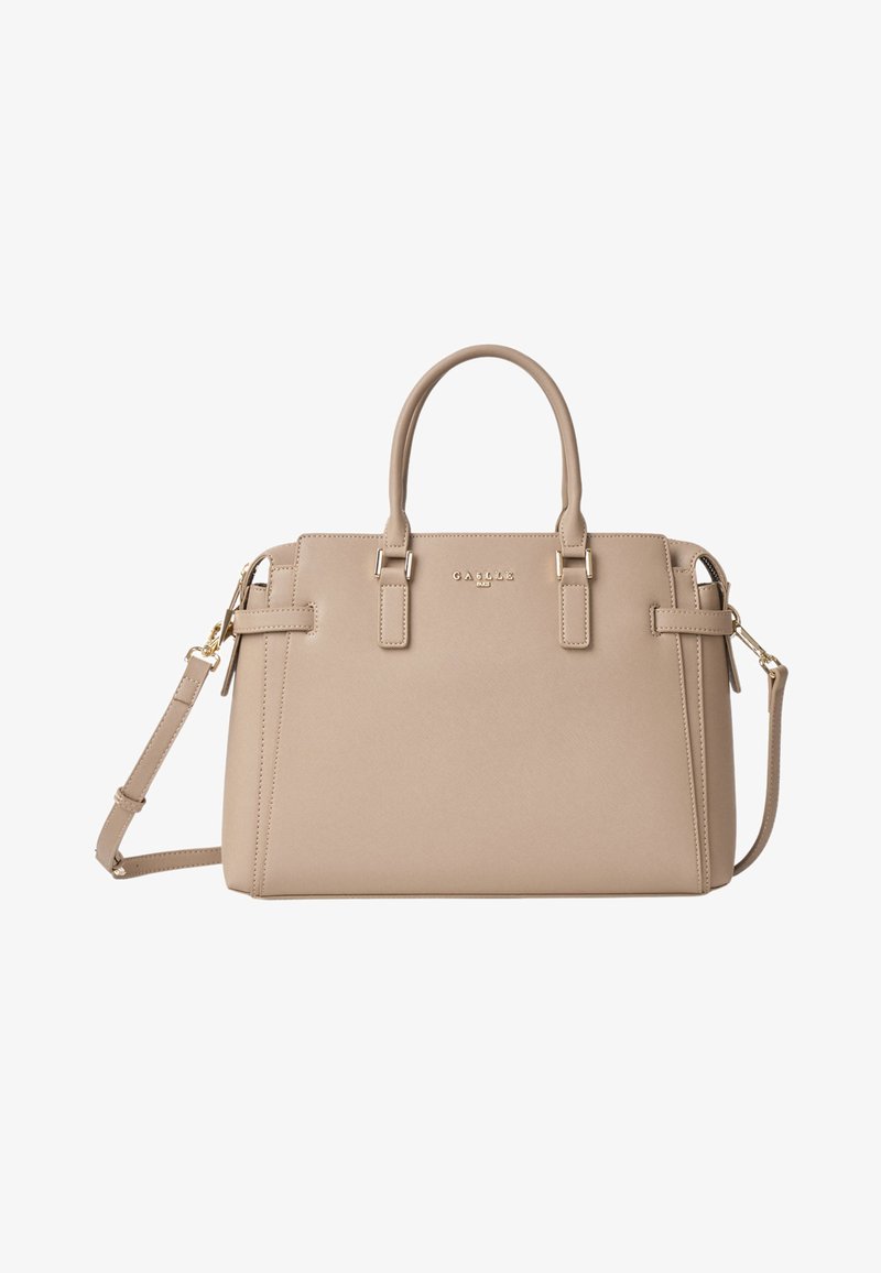 Borsa strutturata beige con doppi manici superiori e una tracolla rimovibile. Presenta dettagli in metallo dorato e logo impresso sul davanti.