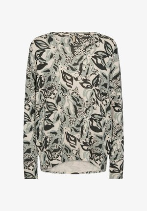 Maglione a maniche lunghe grigio chiaro, con un motivo foglioso nero e verde, scollatura tonda e una vestibilità leggermente ampia con orlo curvato.