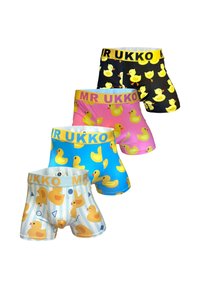 Boxershorts sæt med legende mønstre af gule ænder. Farverne inkluderer blå, pink, sort og hvid med dristige "MR UKKO" elastikker.