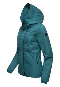 Teal, waterproof jacket with a hood, featuring a textured design on the shoulders, a zip front, and elastic cuffs. Includes a logo patch.
