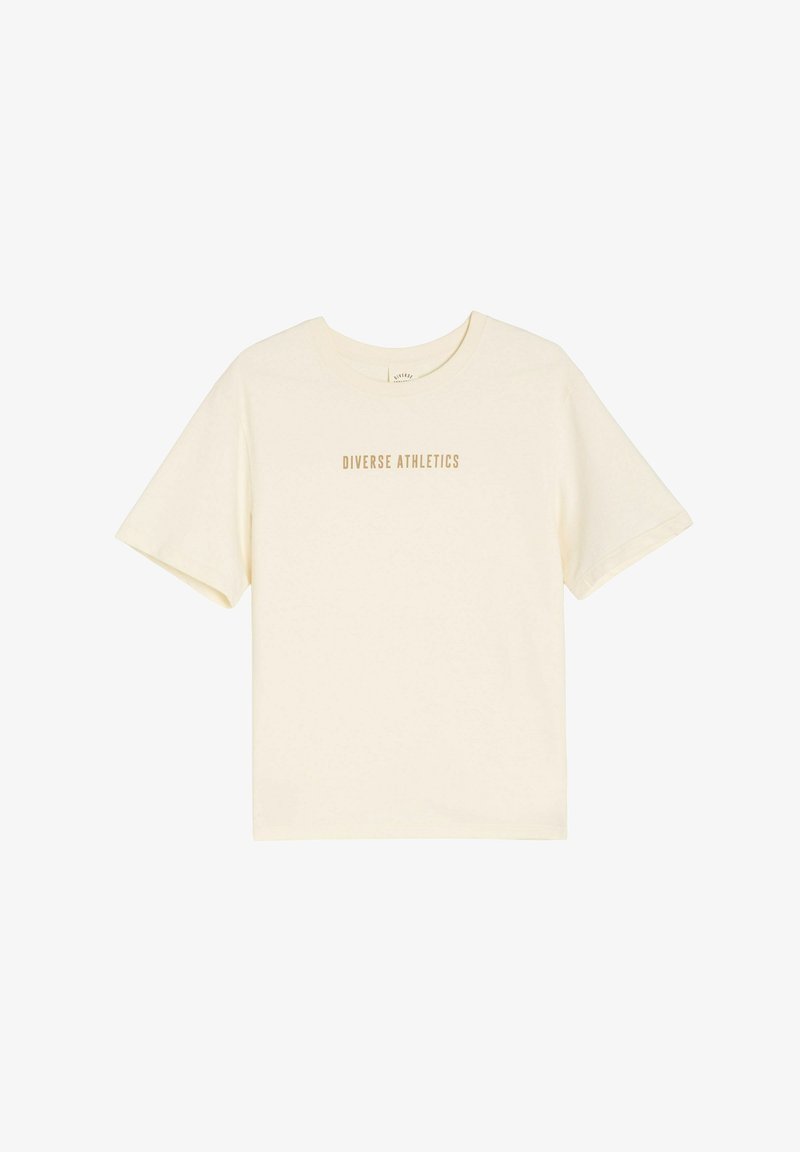 Kremowa koszulka z krótkim rękawem, wykonana z miękkiej bawełny, z napisem "DIVERSE ATHLETICS" wydrukowanym w subtelnym beżowym kolorze na środku.