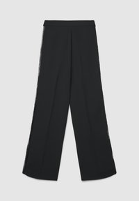 Pantaloni neri a gamba larga in tessuto liscio, con dettagli in pizzo sulle cuciture laterali e vita pulita e sagomata.