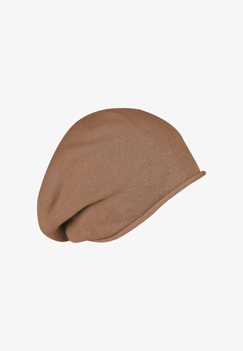 Brown knitted beanie hat with a slouchy design. Features soft, textured material and a rounded, elongated shape.