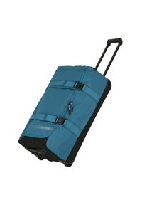 Borsa da viaggio a rullo in tessuto teal con fondo nero. Presenta due cinghie, cerniere e un manico retrattile per un facile trasporto.