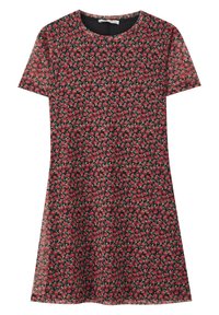 Robe à manches courtes, en forme de A, en tissu noir avec un imprimé floral rouge. Encolure ronde avec une texture douce et une silhouette fluide.