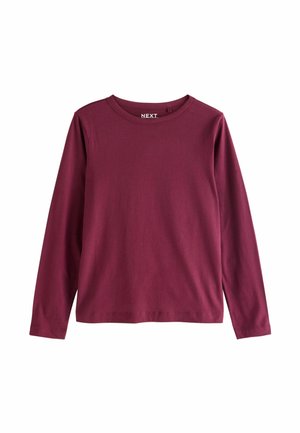 Tricou cu mânecă lungă și guler rotund, de culoare burgundy închis, fabricat dintr-un material moale din bumbac, cu o textură netedă și un design minimalist.